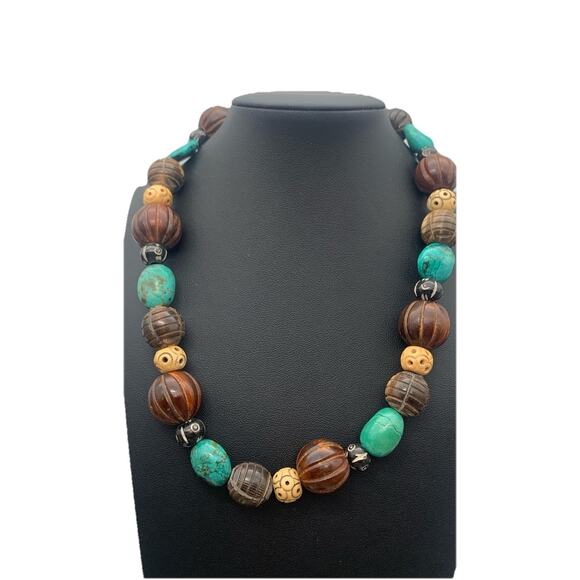 Vintage Western Boho Blue Turquoise Stone & Carved Wood Sterling Toggle Necklace - Picture 2 of 5